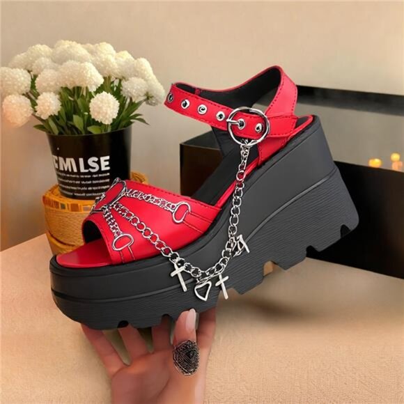 NEW - Gothic Women's Platform Sandals | Black PU Cover Open Toe - Picture 2 of 7